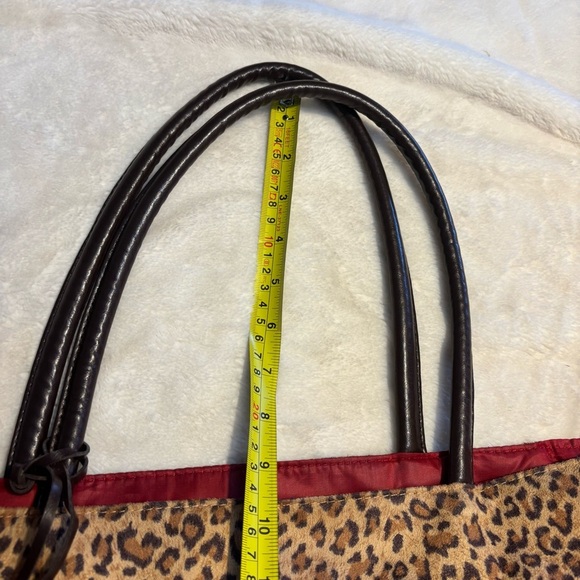 Neiman Marcus Tote Microfiber Suede Tan Brown Leopard Print Brown Handles Red - Picture 14 of 16